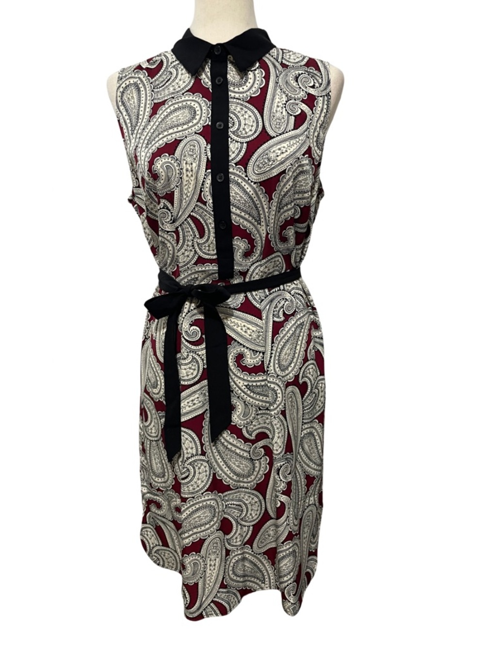 Ann Taylor Factory Paisley Sleeveless Shift Dress Belt Women’s Size L Black Red